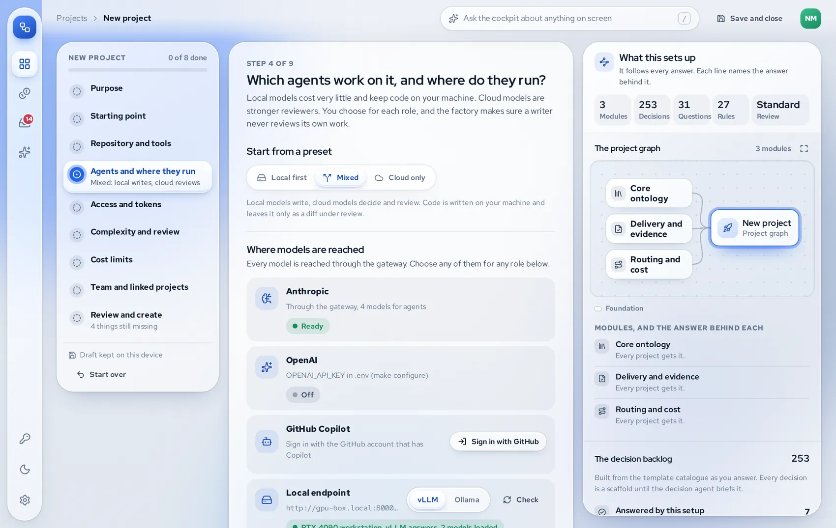 New project, agents step: choosing local, mixed or cloud models and where each model is reached.