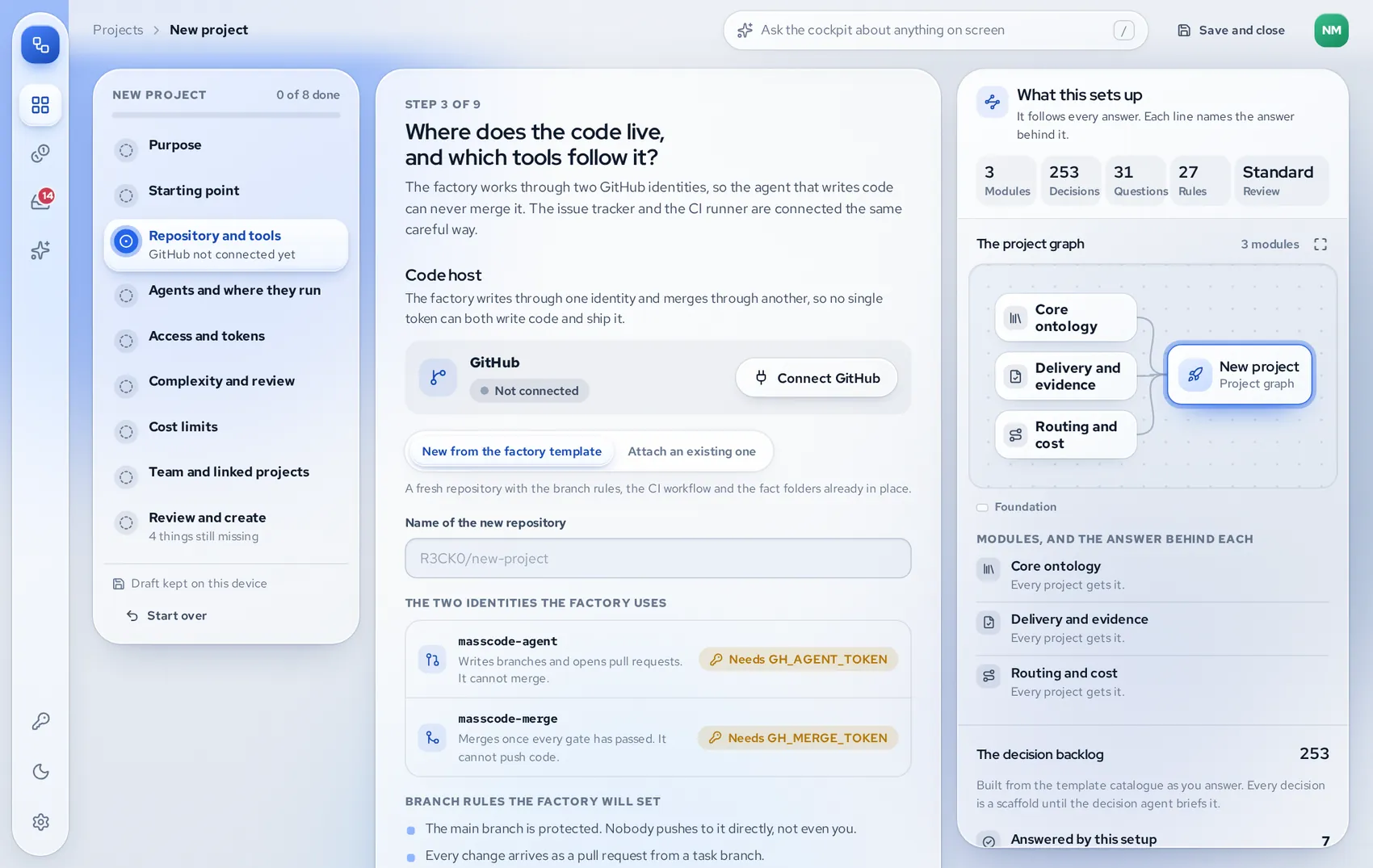 New project, repository step: the code host, the tracker and the scoped identities the factory uses.
