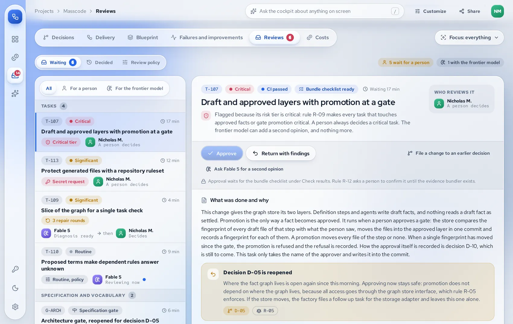 The review queue: critical tasks waiting for a person, with the frontier model's opinion.